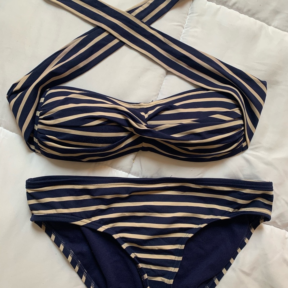 striped blue and tan bikini